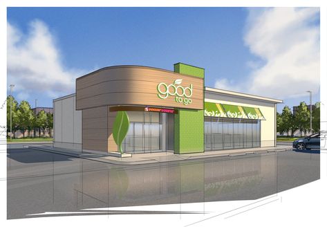 hess_c-store_goodtogo_exterior_sketch-1 Retail Store Architecture, Convience Store Exterior, Convenience Store Exterior Design, Grocery Store Architecture, Convenient Store Design, Supermarket Design Exterior, Convenience Store Exterior, Convenience Store Design Interiors, Grocery Store Exterior