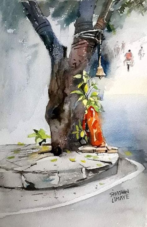 Indian Sketches, Subject Drawing, Kerala Temple, Temple Watercolor, Watercolor Indian, Watercolor Scenery, Transparent Watercolor, Watercolor Paintings Nature, Color Drawing Art