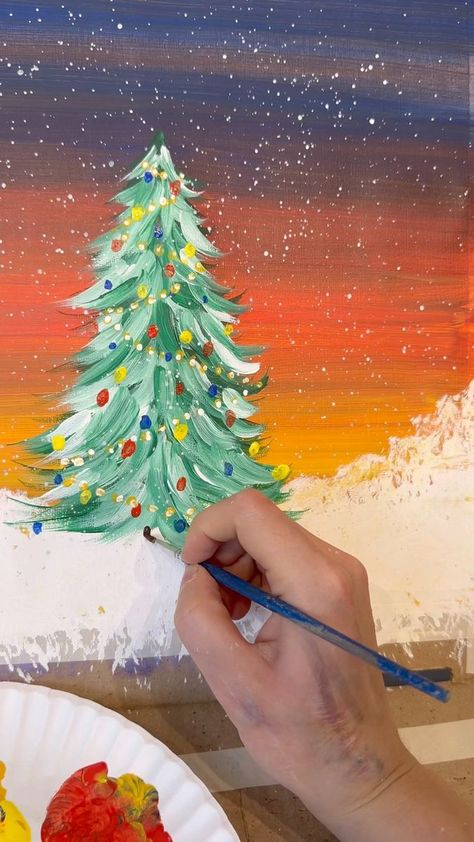 Easy Christmas tree painting | Someone asked for a Christmas themed painting 🎄…it’s finally time! Link in bio for my supplies lists. Here is how to paint an easy Christmas tree. You... | By Emily Seilhamer Art Xmas Flowers Ideas, Finger Painting Christmas Tree, Wooden Tree Crafts, Painting Christmas Trees On Wood, Christmas Tree Ideas Painting, Christmas Tree Painting Tutorial, Painted Christmas Trees On Wood, How To Paint Christmas Trees, Christmas Tree Painting Canvases