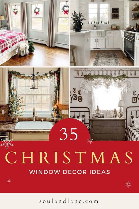 As windows become canvases of celebration, dive into a world of enchanting decorations. Let the spirit of Christmas reflect in every glass, inviting warmth, wonder, and wistfulness to your home. Bedroom Wreath, White Window Trim, Vaulted Ceiling Living Room, Minimalist Dining Room, Christmas Window Decorations, White Shiplap, Green Wreath, Bedroom Windows, Green Cabinets