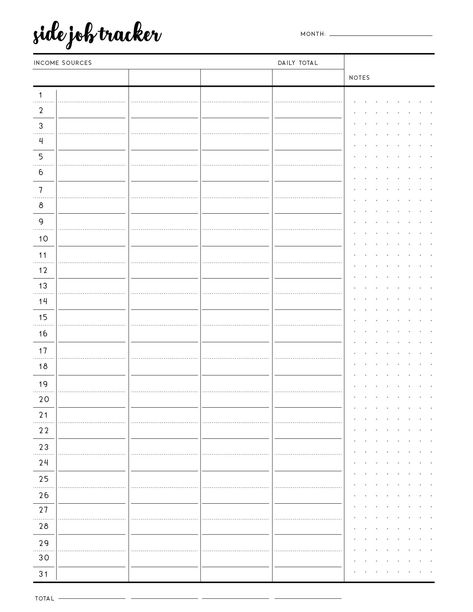 Free Income Tracker Printable, Income Tracker Printable Free, Side Hustle Money, Digital Jobs, Income Tracker, Free Printables Organization, Diy Planner Notebook, Bullet Journal Ideas Templates, Tracker Free