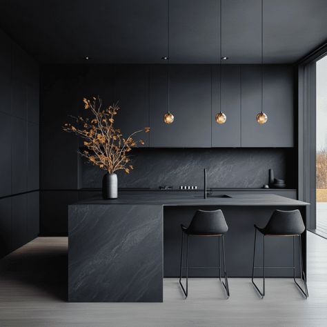 36 Insanely Beautiful Black Moody Kitchen Ideas You Need To See - Posh|Chic|Cool Black Kitchen Counters, Black Kitchen Ideas Modern, Modern Black Kitchen Island, Moody Kitchen Ideas, Luxury Black Kitchen, Graphite Kitchen, Black Kitchen Ideas, Kitchen Remodel Checklist, Black Stainless Steel Kitchen