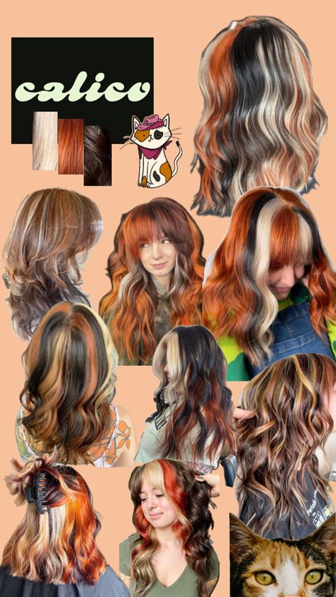 #calicohair #hairinspo #calicohairinspo #hair #calicocat #blonde #brunette #red Calico Cat Hair, Hair Color Placement, Calico Hair, Shortish Hair, Types Of Hair Color, Natural Brown Hair, Brunette Red, Peekaboo Hair, Cute Hair Colors