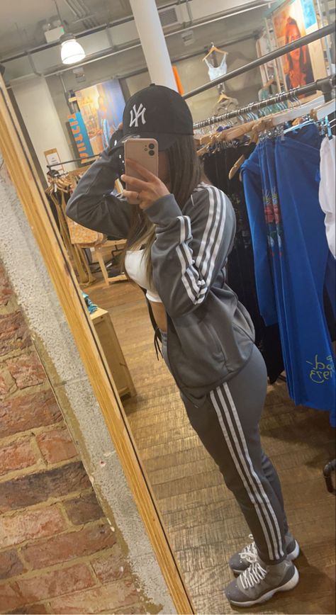 Outfits With Grey Jordans, Grey Adidas Sweatpants Outfit, Cool Gray Jordan 11 Outfit, Nike Dri Fit Outfits, Adidas Tracksuit Women Outfit, Jordan 11 Cool Grey Outfit, Ensemble Jordan, Jordan 11 Grey, Adidas Tracksuit Women