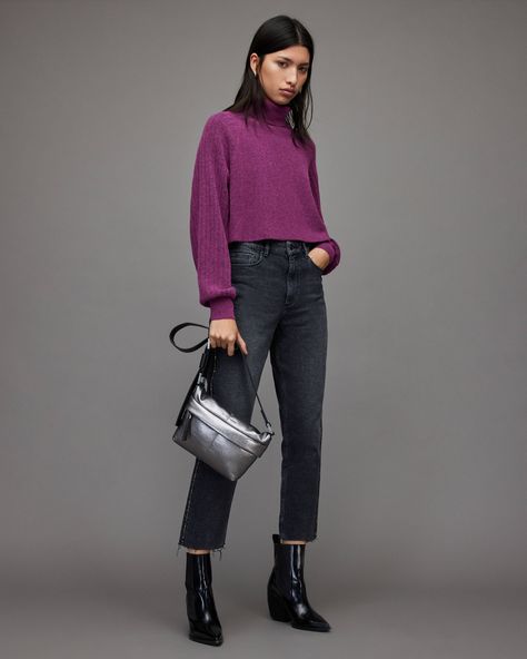 Margot Ribbed Sweater PURPLE BERRY | ALLSAINTS US Dark Purple Sweater Outfit, Purple Sweater Outfit, Dark Purple Sweater, Sweater Outfit, Purple Sweater, Roll Neck, 2024 Collection, Ribbed Sweater, All Saints