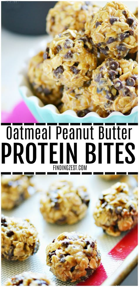 You'll definitely want to make this no-bake Oatmeal Peanut Butter Protein Bites recipe! This kid friendly snack has oatmeal, peanut butter, walnuts, honey and chocolate chips, making it perfect for an afternoon pick me up, school lunch or make ahead breakfast to save time on busy mornings! Peanut Butter Protein Bites, Protein Bites Recipe, Oatmeal Peanut Butter, Breakfast Oatmeal Recipes, Healthy Protein Snacks, Kid Friendly Snack, Protein Bites, Energy Snacks, Peanut Butter Protein