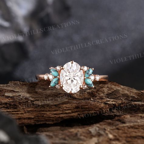 6*8mm Oval Cut Moissanite Engagement Ring Turquoise Wedding Ring Rose Gold Rings For Women Moissanite Art Deco Promise Anniversary Ring ⨞Handmade item                                                                                                       ⨞Materials: 925 sterling silver, 10k, 14k, or 18k solid gold Available in solid rose, yellow or white gold with real diamonds. ----Ring Descriptions---- ⨞Engagement ring -Center Stone - Moissanite  Shape -Oval Cut  Size - 6*8mm -Side Stones - Mois Native Engagement Rings, Western Engagement Rings With Turquoise, Rings Engagement Country, Rose Gold And Turquoise Wedding Ring, Engagement Rings Tourquise, Engagement Rings With Turquoise Band, Cheaper Engagement Rings, Turquoise Wedding Bands For Women, Promise Rings Western