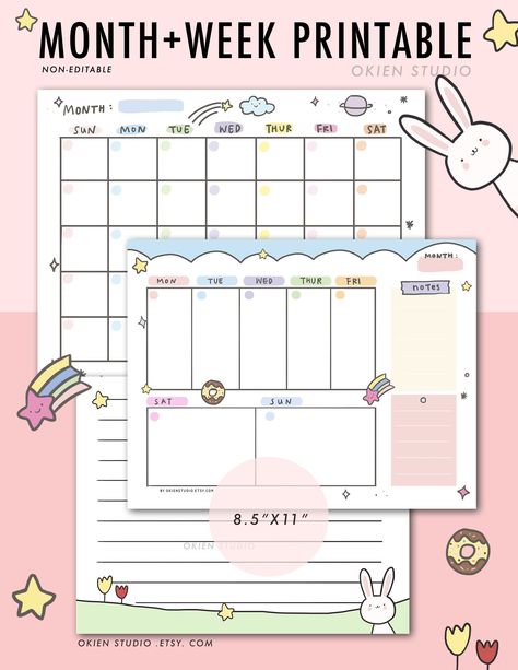 Printable weekly planner, printable Monthly p Kawaii Planner, To Do Planner, Monthly Planner Template, Printable Weekly Planner, Rabbit Illustration, Budget Planner Printable, Kids Planner, Cute Planner, Planner Printables Free