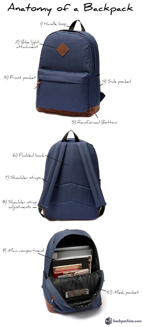 Anatomy of a backpack. Different names and definitions of common backpack features. Learn more at https://backpackies.com/blog/anatomy-of-a-backpack Backpack Layout, Mochi Video, Object Names, Presentation Styles, Outfits Baggy, Diy Bag Designs, School Backpack, Backpack Straps, Art References