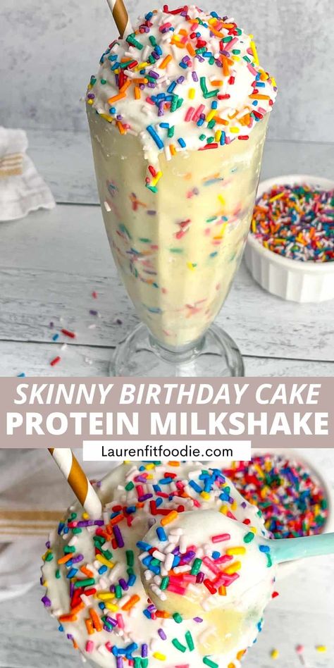 This Birthday Cake Protein Milkshake is creamy, delicious, and it'll make you feel like it really is your birthday! It's low calorie with a protein powder base, leaving plenty of room for your favorite sweet toppings. Just throw your ingredients together, blend, and enjoy! Milkshake With Protein Powder, Birthday Cake Protein Powder Recipes, Birthday Cake Protein Recipes, Low Cal Milkshake, Fairlife Milkshake, Low Calorie Protein Shake Recipes, Ghost Protein Powder Shake Recipes, Low Calorie Milkshake, Vanilla Protein Powder Recipes Snacks