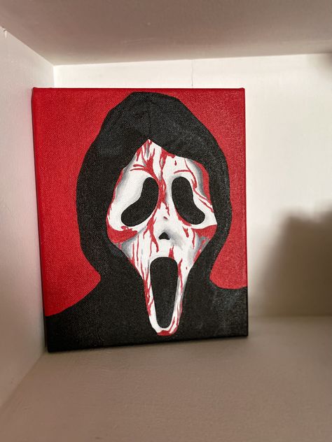 Ghostface Painting Easy, Movie Characters Drawings, Painting Ideas On Canvas Aesthetic Dark, Big Canvas Painting Ideas Aesthetic, Scream Canvas Painting, Goth Painting Ideas, Horror Paintings Easy, Ghostface Painting, Movie Character Drawings