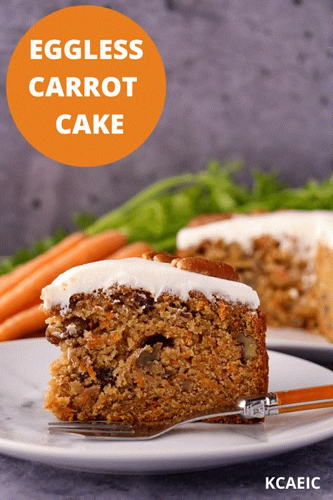 This eggless carrot cake is made with no eggs and a secrete ingredient to keep it moist and delicious. Made with fresh carrots and a tangy lemon frosting! Vegetarian Carrot Cake, Eggless Easter Desserts, Egg Free Carrot Cake, Eggless Carrot Cake Recipe, Eggless Cupcakes, Carrots Cake, Eggless Carrot Cake, The Best Cream Cheese Frosting, Vegan Carrot Cake Recipe