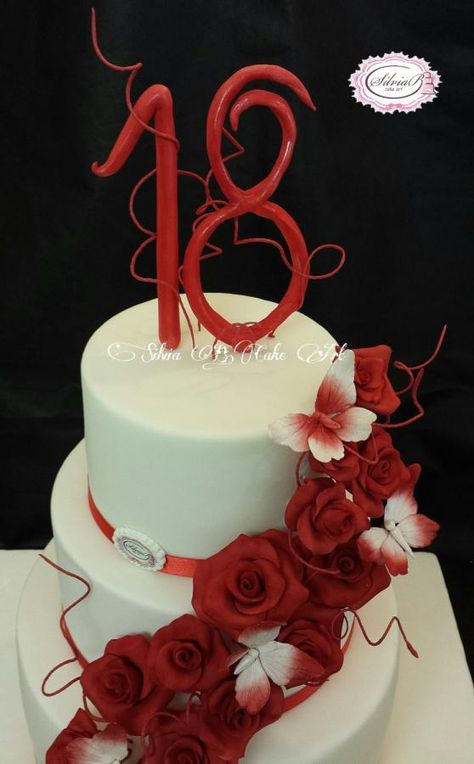 Red and white 18th birthday  by silvia B.cake art 18th Birthday Party Ideas Red, 18th Birthday Cake Red And White, Red And White Birthday Cake For Women, Red Velvet 18th Birthday Cake, Red Debut Cake, Birthday Cake With Red Flowers, Debut Cake, Red Birthday Party, Happy Birthday 18th