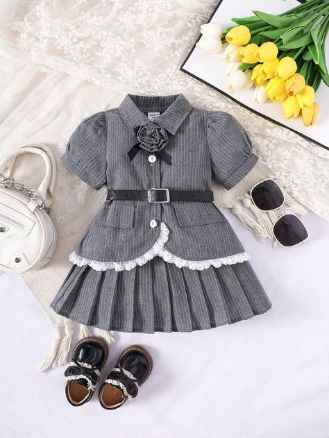 Grey  Collar   Colorblock,Plain  Embellished Non-Stretch  Baby Girls Clothing Kids Dress Clothes, Gris Color, Baby Fancy Dress, Fabric Flower Pins, Kids Wear Girls, Girls Dresses Sewing, Blouse Casual Fashion