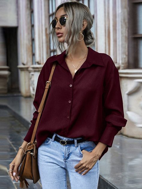 Button Up Drop Shoulder Blouse Maroon Top Outfit, Maroon Shirt Outfit, Drop Shoulder Blouse, Long Sleeve Shirt Outfits, Maroon Outfit, Drop Shoulder Shirt, Maroon Blouse, Maroon Shirts, Ideas Outfit