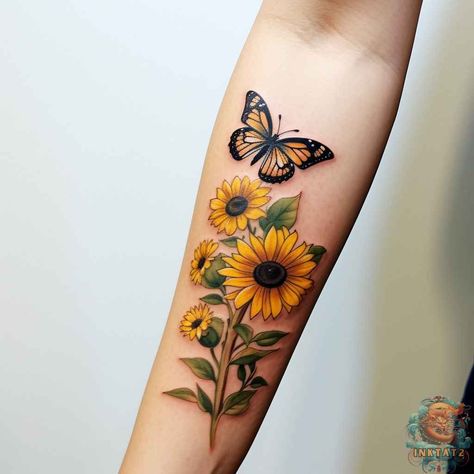 icons. Sunflower Butterfly Tattoo, Glowing Jellyfish, 2024 Tattoo, Butterfly With Flowers Tattoo, Sunflower Tattoo Sleeve, The Deep Ocean, Bright Tattoos, Butterfly Tattoos For Women, Sunflower Tattoos