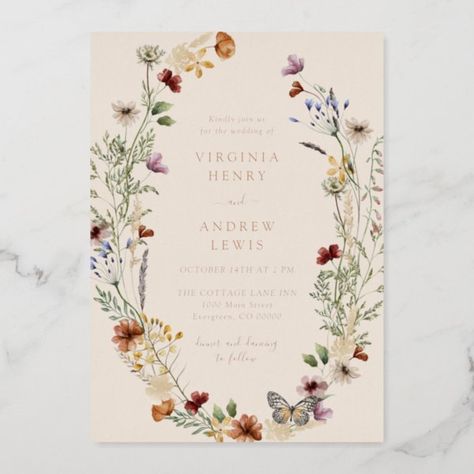 Boho Floral Rose Gold Wedding Foil Invitation Fall Engagement Party Invitations, Rose Gold Foil Invitations, Boho Engagement, Wildflower Wedding Invitations, Boho Wildflower, Gold Foil Wedding Invitations, Gold Foil Invitation, Watercolor Wildflowers, Elegant Bridal Shower