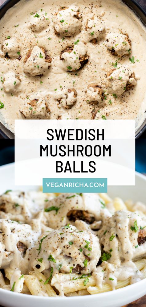 Try this new take on Vegan Swedish Meatballs! This recipe skips the meat substitutes and is made with baked marinated cremini mushrooms simmered in a plant-based dairy-free mushroom gravy! DIVINE! Gluten-free option. Mushroom Meat Substitute Recipes, Dairy Free Gravy, Vegan Swedish Meatballs, Vegan Mushroom Gravy, Mushroom Meatballs, Homemade Cashew Milk, Gf Meals, Vegetarian Meatballs, Meatballs And Gravy