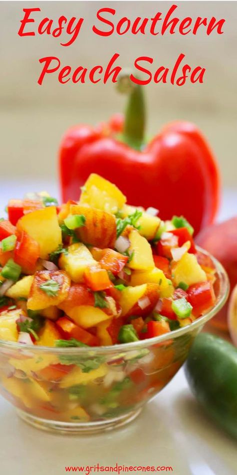 All it takes is one taste of this sweet and savory Easy Southern Fresh Peach Salsa and you will be enamored! This quick and easy, healthy recipe calls for fresh, luscious sweet peaches and crisp and zesty jalapeños, along with some fresh red bell pepper, a little onion, fresh tangy lime juice, and cilantro. #peachsalsa, #salsa, #salsarecipes, #peachrecipes Peach And Pepper Relish, Peach Jalapeno Salsa, Dried Peaches Recipe, Peach Dip, Salsa Recept, Quiche Chorizo, Citrus Salsa, Peach Salsa Recipes, Salsa Guacamole