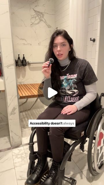 @tara_shett on Instagram: "wheelchair accessibility in the hotel bathroom! I want my bathroom at home to look like this 😂   i wish all accessibility aids looked modern like this instead of like you’re in a hospital lol    #SpinalCordInjury #paralyzed #wheelchair #WheelchairUser #WheelchairLife #DisabilityAwareness #accessibility #wheelchairtravel" Wheelchair Accessible Bathroom Layout, Small Disabled Bathroom Ideas, Handicapped Bedroom Ideas, Modern Ada Bathroom Design, Wheelchair Accessible Bathroom Sink, Accessible Interior Design, Wheelchair Friendly Home, Modern Ada Bathroom, Wheelchair Home Design