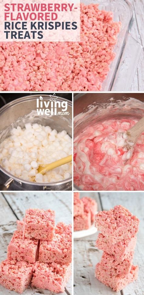 If you are looking for the perfect Valentine's Day recipe, look no further than these adorable strawberry rice krispie treats! Not only do they taste incredible, but everyone will love the pretty pink color too. Pink Heart Rice Krispie Treats, Rice Krispie Treats Strawberry, Rice Krispie Treat Dessert Table, Flamingo Rice Krispy Treats, Pink And Green Rice Krispy Treats, Pink Colored Foods For Party, Strawberry Rice Krispie Treats Recipe, Starfish Rice Krispie Treats, Iced Rice Krispie Treats