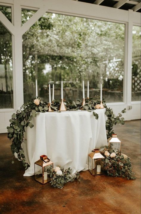 Eucalyptus Sweetheart Table Wedding, Head Table With Lanterns, Sweetheart Table Lanterns, Sweetheart Table With Lanterns, Lantern Sweetheart Table, Gold Sweetheart Table, Sweetheart Table Wedding Lanterns, Sweet Heart Table Wedding Romantic, Half Moon Sweetheart Table Wedding