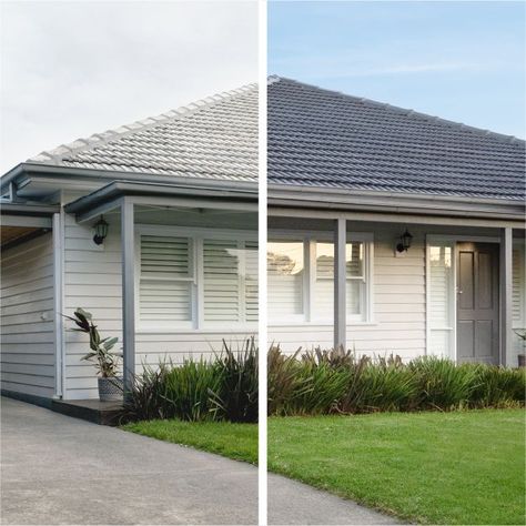 Dulux Paint Colours, Outside House Colors, Rendered Houses, Street Appeal, Weatherboard House, Roof Restoration, Roof Paint, House Cladding, House Restoration