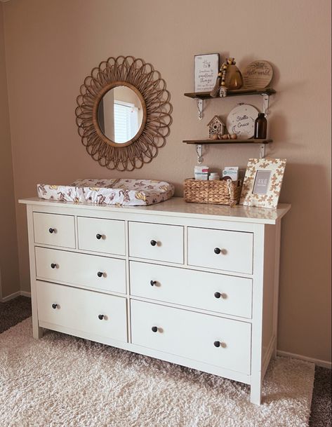 Dresser As A Changing Table, Ikea Dresser Change Table, Gender Neutral Nursery Dresser, Dark Dresser Nursery, Boho Nursery Changing Tables, Boho Nursery Dresser Decor, Baby Nursery Dresser Changing Table, Nursery Dresser Changing Table Decor, Dresser Changing Table Ideas