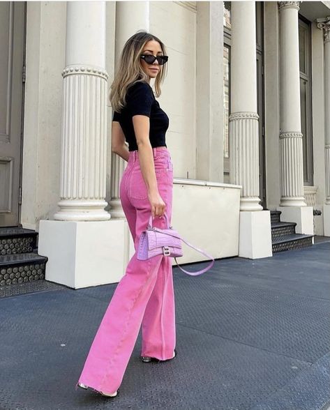 Dark Pink Pants Outfit, Light Pink And Black Outfit, Pink And Black Outfit Ideas, Hot Pink And Black Outfit, Pink And Black Outfit, Pink Pants Outfit, Neon Prom Dress, Neon Prom Dresses, Black Outfit Ideas