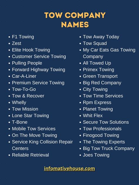 Funniest Tow Company Names Ideas For Business Tow Truck Business, Company Names Ideas, Unique Business Names, Plow Truck, Truck Names, Trucking Business, Towing Company, Truck Business, Collision Repair