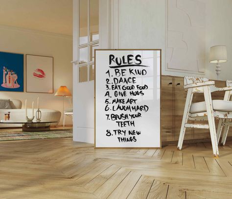 House Rules Quotes, Unique Artwork For Living Room, Creative Home Office Space, Rules Of The House, Room Aesthetic Ideas, House Rules Sign, Family Rules Sign, Rules Of Life, Kitchen Playroom