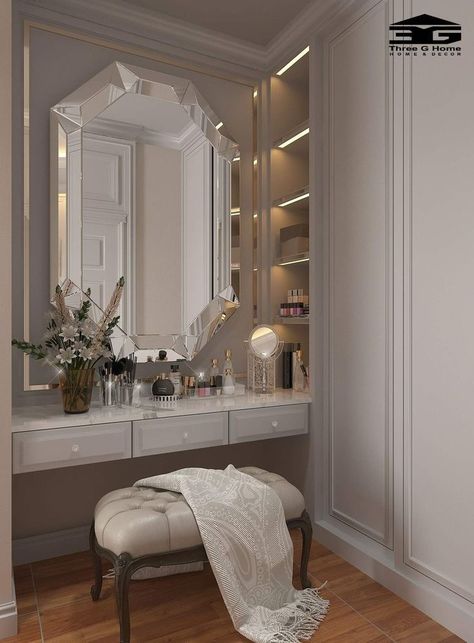 Old Money Room Inspiration, Closet With Makeup Vanity, Modern Dressing Table Designs, Modern Dressing Table, Stylish Room Decor, Dressing Room Decor, Desain Pantry, Makeup Dressing Table, Bedroom Interior Design Luxury