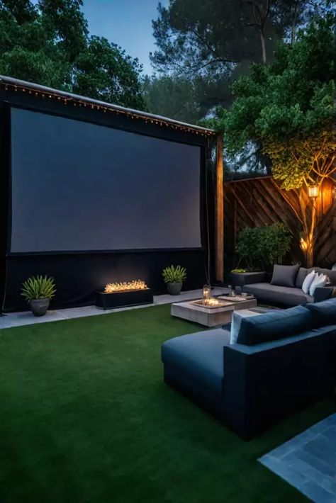 Immersive backyard movie experience Outdoor Movie Area Ideas, Backyard Movie Area Ideas, Big Backyard Lighting Ideas, Backyard Night Lighting, Romantic Outdoor Movie Night, Home Drive In Movie Theater, Outdoor Projector Screen Backyards, Movie In Backyard, Ultimate Backyard Entertaining