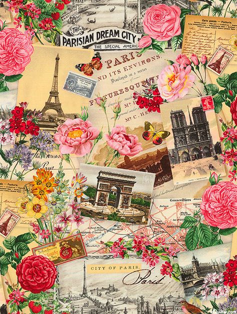 Spring In Paris - Tourist Spots - Cream eq Paris Tourist Spot, Paris Fabric, Spots In Paris, Paris Tourist, Spring In Paris, Etiquette Vintage, Postal Vintage, Paris Wallpaper, Quilt Fabrics