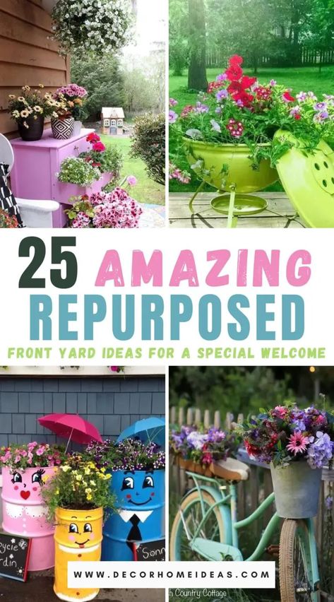 Transform your front yard with 25 creative and repurposed decorating ideas! Refresh your outdoor space with these unique and budget-friendly ideas. Wheelbarrow Decor, Yard Garden Design, Repurposed Planter, Front Yard Ideas, Wheelbarrow Planter, Wheelbarrow Garden, Creative Planter, Unique Garden Decor, Front Yard Garden Design