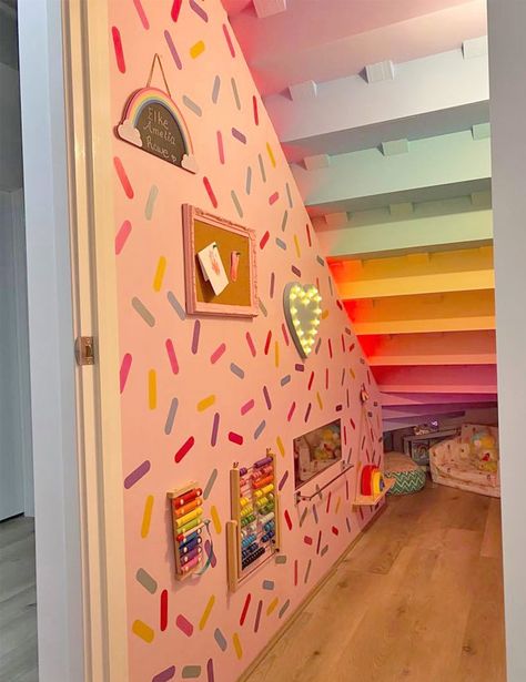 Under The Stairs Kids Space Ideas, Themed Room Ideas, Pastel Rainbow Room, Stairs Playroom, Under Stairs Playroom, Baby Diva, Under Stairs Nook, Room Under Stairs, Stair Nook