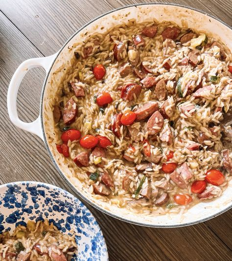 Sausage Orzo Skillet Cajun Orzo, Orzo With Sausage, Sausage Orzo Skillet, Sausage Orzo, Orzo Skillet, Pasta Orzo, Cajun Sausage, Pasta Shop, Zucchini Squash