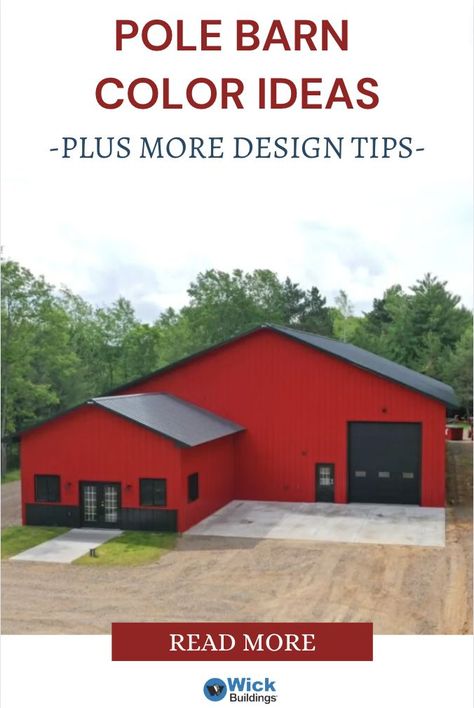 Familiarize yourself with possible pole barn paint colors. You may be surprised because there’s been an explosion of new pole barn color options. And don’t forget about the various color combos you can create with the walls, trim, roof, and doors. Man Cave Pole Barn, Designs To Paint, Pole Barn Ideas, Pole Barn Designs, Black Roof, Shed Colours, Barn Design, Barn Ideas, Red Roof