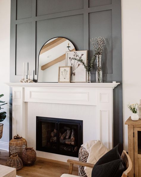 Paint Behind Fireplace, Fireplace Wall Trim Ideas Moldings, Trim Above Fireplace Mantle, Molding Above Fireplace Mantel, Applied Molding Fireplace, Fireplace Mantle Accent Wall, Fireplace Wall Low Ceiling, Black Wainscoting Fireplace Wall, Modern Wainscoting Ideas Living Room Fireplace