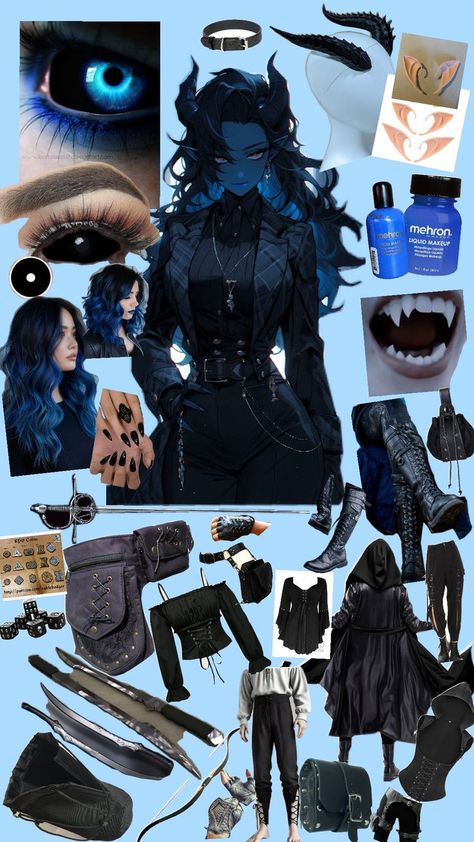 Blue and Black Tiefling Rogue. Future cosplay mood board. Black Tiefling, Tiefling Cosplay, Blue Tiefling, Tiefling Rogue, Dnd Tiefling, Sonya Deville, Fnaf Cosplay, Cosplay Characters, Blue And Black