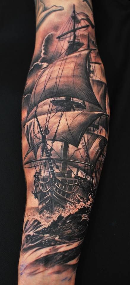 Boats Tattoo, Ship Tattoo Sleeves, Nautical Sleeve, Pirate Ship Tattoos, Rabe Tattoo, Nautical Tattoo Sleeve, Pirate Ship Tattoo, Navy Tattoos, Boat Tattoo