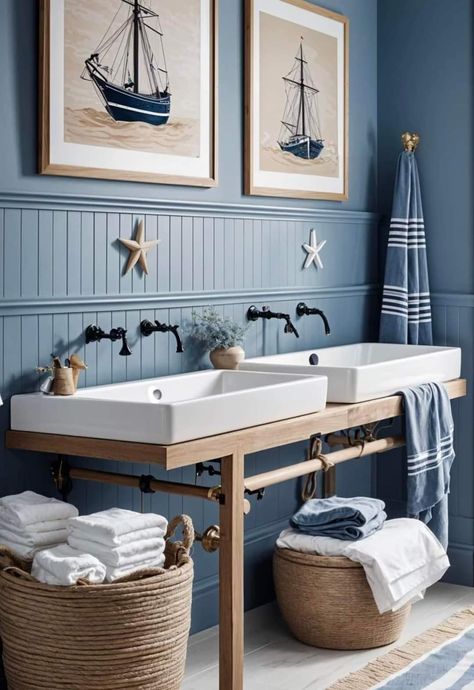 Farmhouse Black And White, Masculine Bathroom, Bathrooms Ideas, Nautical Bathroom, Cottage Designs, Bathroom Vanity Designs, Nautical Bathroom Decor, Black Toilet, Nautical Bathrooms