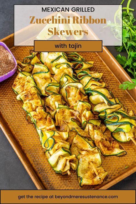 Grilled Zucchini Ribbon Skewers with Tajín are so simple with just 3 ingredients - zucchini, olive oil, and tajín. A mandolin makes quick work of making the zucchini ribbons, and the tajín provides zesty Mexican flavor. The edges char and crisp, giving you the vegetable equivalent of meaty ribs’ burnt ends. Smoked Pork Recipes, Barbeque Recipes, Zucchini Ribbons, Burnt Ends, Vegetable Side Dishes Recipes, Grilled Fruit, Best Appetizer Recipes, Summer Grilling Recipes, Grilled Zucchini