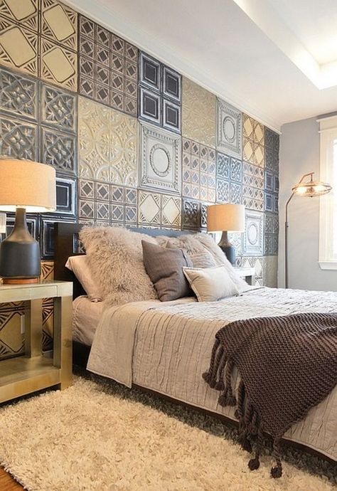 Craftsman Style Homes Exterior Color, Stylish Master Bedrooms, Wall Tiles Design, Tin Tiles, Industrial Bedroom, Bedroom Accent, Ideas Hogar, Eclectic Bedroom, Accent Wall Bedroom