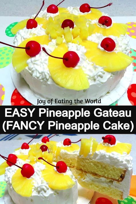 If you’re looking for a fancy but easy-to-make cake recipe, this is the one. This lovely Pineapple Gateau (Fancy Two-Layer Pineapple Cake) looks impressive as a festive dessert but is really easy to make. With little early prepping, you can easily create this delightful Pineapple Gateau. Pineapple Syrup, 3 Layer Cakes, Pineapple Lovers, Pineapple Rings, Festive Desserts, Vegetarian Cake, Pineapple Cake, Cake Slice, Cooking Together