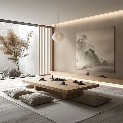 Embrace the peace and simplicity of a Zen-inspired living room. This minimalist space features natural elements like bamboo and a small indoor rock garden, perfect for creating a tranquil home environment. #ZenLiving #MinimalistDecor #AsianStyle #HomeDesign Modern Zen Home Decor, Zen Asian Interior Design, Zen Art Studio, Asian Minimalist Home, Zen House Decor, Japanese Zen Room, Home Library Study, Asian Zen Interior Design, Room Design Minimalist