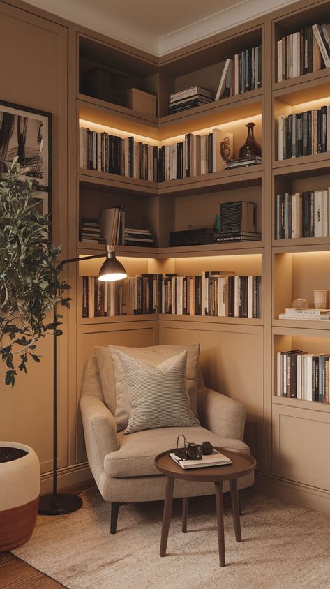 Design the perfect relaxation spot with these 11 creative ways to style a cozy corner nook. Whether you’re transforming an empty corner into a comfy reading nook or a quiet place to enjoy a cup of tea, these ideas will inspire you to create a peaceful, comfortable retreat. Corner Book Storage, Bookshelf Nook Ideas, Basement Library Ideas Spaces, Bookshelf Corner Ideas, Built In Shelves Corner, Small Corner Bookshelf, Corner Library Ideas, Wall Of Bookshelves Living Room, Corner Designs Living Room