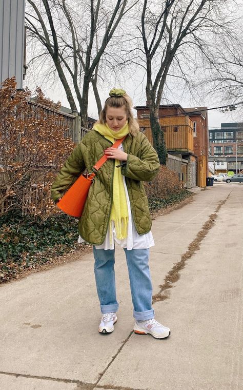 army liner street style, dress over jeans, new balance outfit, scandi style, eclectic style Winter Outfits Sneakers, Vintage New Balance Sneakers, Colourful Winter Outfits, Scandi Street Style, Colorful Winter Outfits, Balance Outfit, Vintage New Balance, Eclectic Outfits, Dress Over Jeans