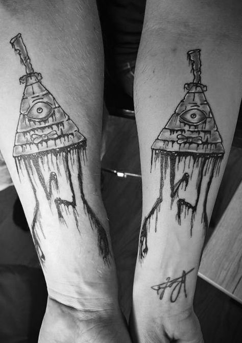 Matching Tattoos - Gravity Falls Bill Cypher Bill Cipher Tattoo, Gravity Falls Tattoo Ideas, Tattoo Bills, Tattoo Ideas Matching, Bill Cypher, People Holding Hands, Autumn Tattoo, Gravity Falls Bill Cipher, Gravity Falls Bill