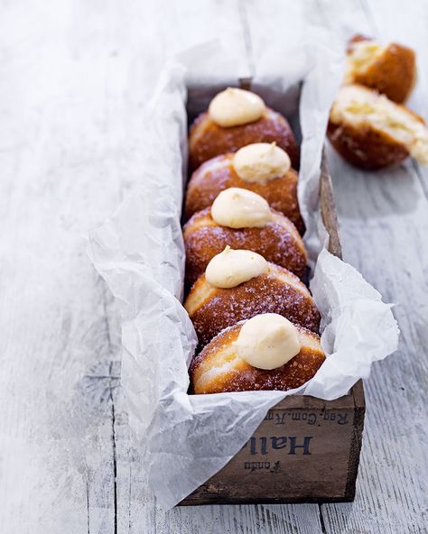 Doughnuts from the Bread Ahead bakery are famous in the delicious. office. Soft, pillowy and oozing with rich custard – now you can recreate these beauties at home using their recipe. Doughnuts Recipe, Desserts Vegan, Delicious Magazine, Doughnut Recipe, Mini Cheesecakes, Vanilla Cream, Donut Recipes, Custard, Sweet Recipes